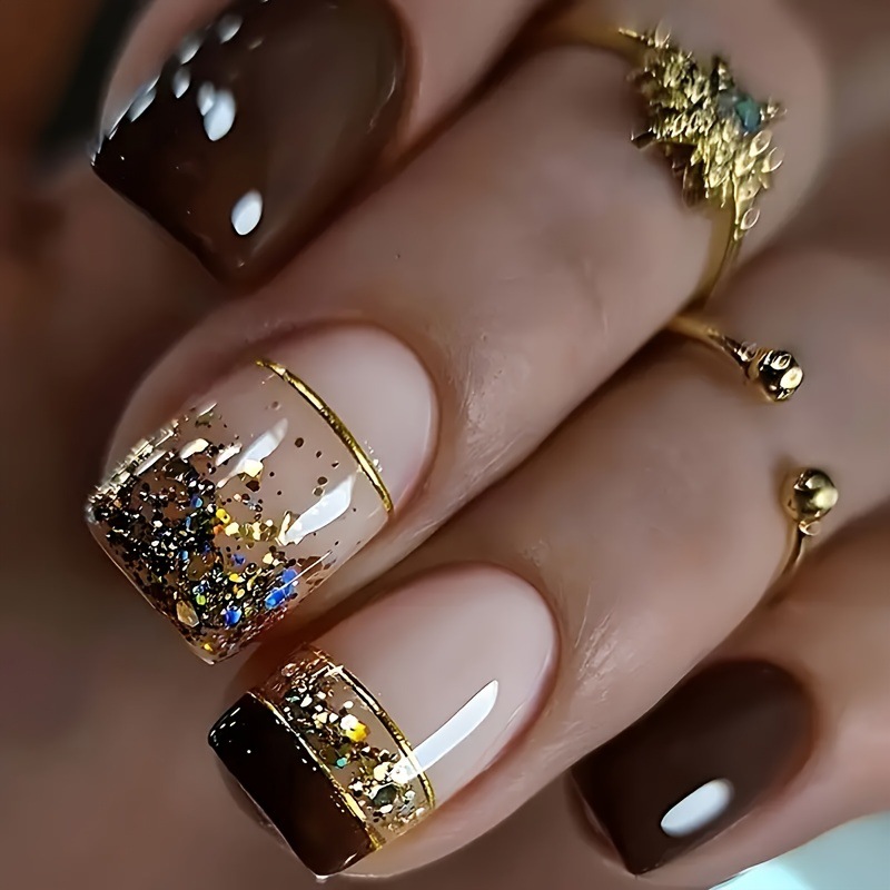Nail Art Glitter - Faux ongles carrés courts pour femmes,